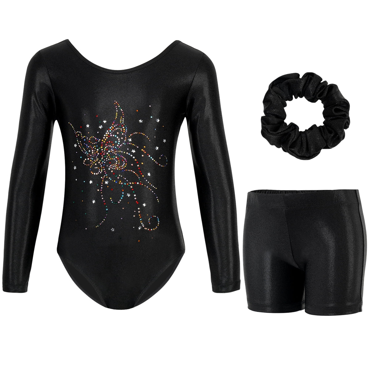 Gymnastics Leotards for Girls, Long Sleeve Sparkly Rhinestone Dance Unitards Biketards with Shorts for 5-10 Years