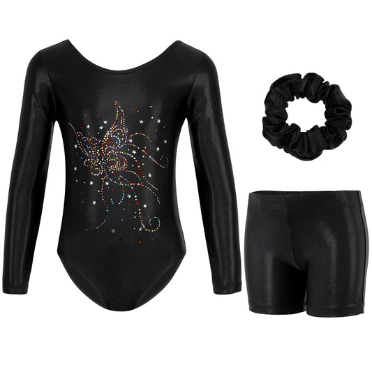 Gymnastics Leotards for Girls, Long Sleeve Sparkly Rhinestone Dance Unitards Biketards with Shorts for 5-10 Years