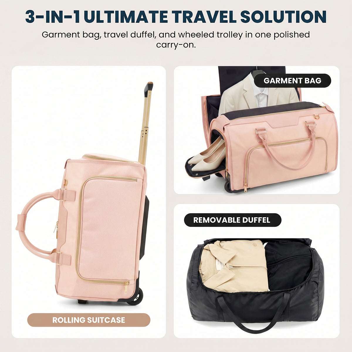 Rolling Garment Bag for Travel,3-in-1 Carry On Luggage with Wheels & Shoe Compartment,Detachable Bag,Large Suitcase Suit Business Duffle Bag,Organize for Suits, Dresses,Gowns