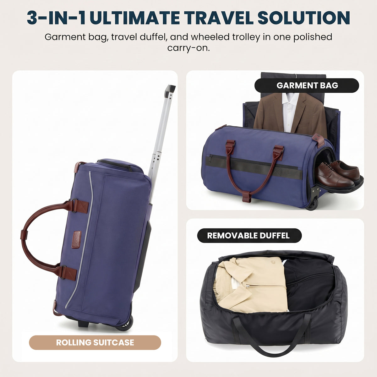3-in-1 Rolling Garment Bag for Travel,Carry On Suit Travel Bag with Wheels,Shoe Compartment,Detachable Organizer,Wrinkle-Free Duffel Bag for Business Travel Wedding