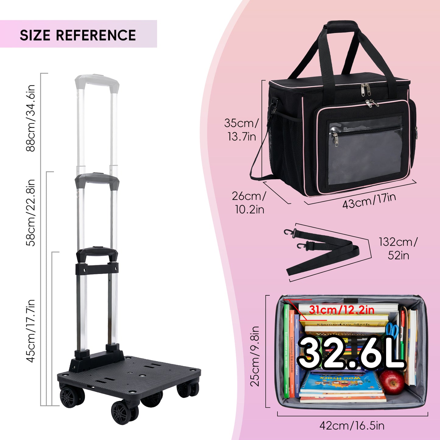 Fegat Rolling Craft Bag,Large Rolling Teacher Tote Bag with Laptop Compartment,Detachable Dolly,Roller Scrapbook Tote Bag Sewing Machine Storage Tote for Women,Craft,Teaching,Office, 5 Wheels, 17.3"