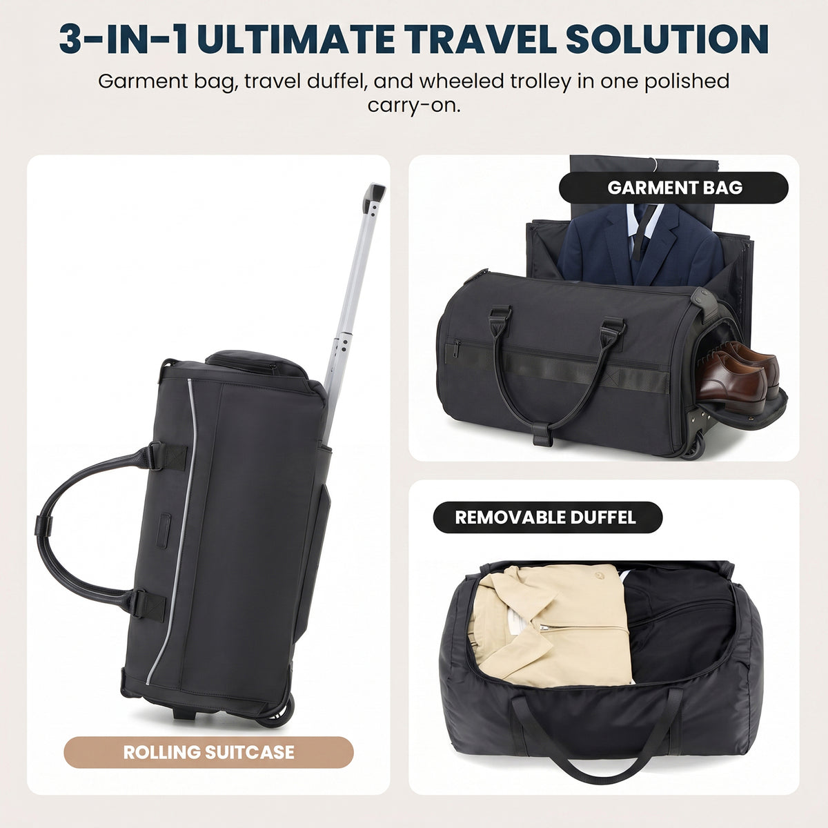 3-in-1 Rolling Garment Bag for Travel,Carry On Suit Travel Bag with Wheels,Shoe Compartment,Detachable Organizer,Wrinkle-Free Duffel Bag for Business Travel Wedding