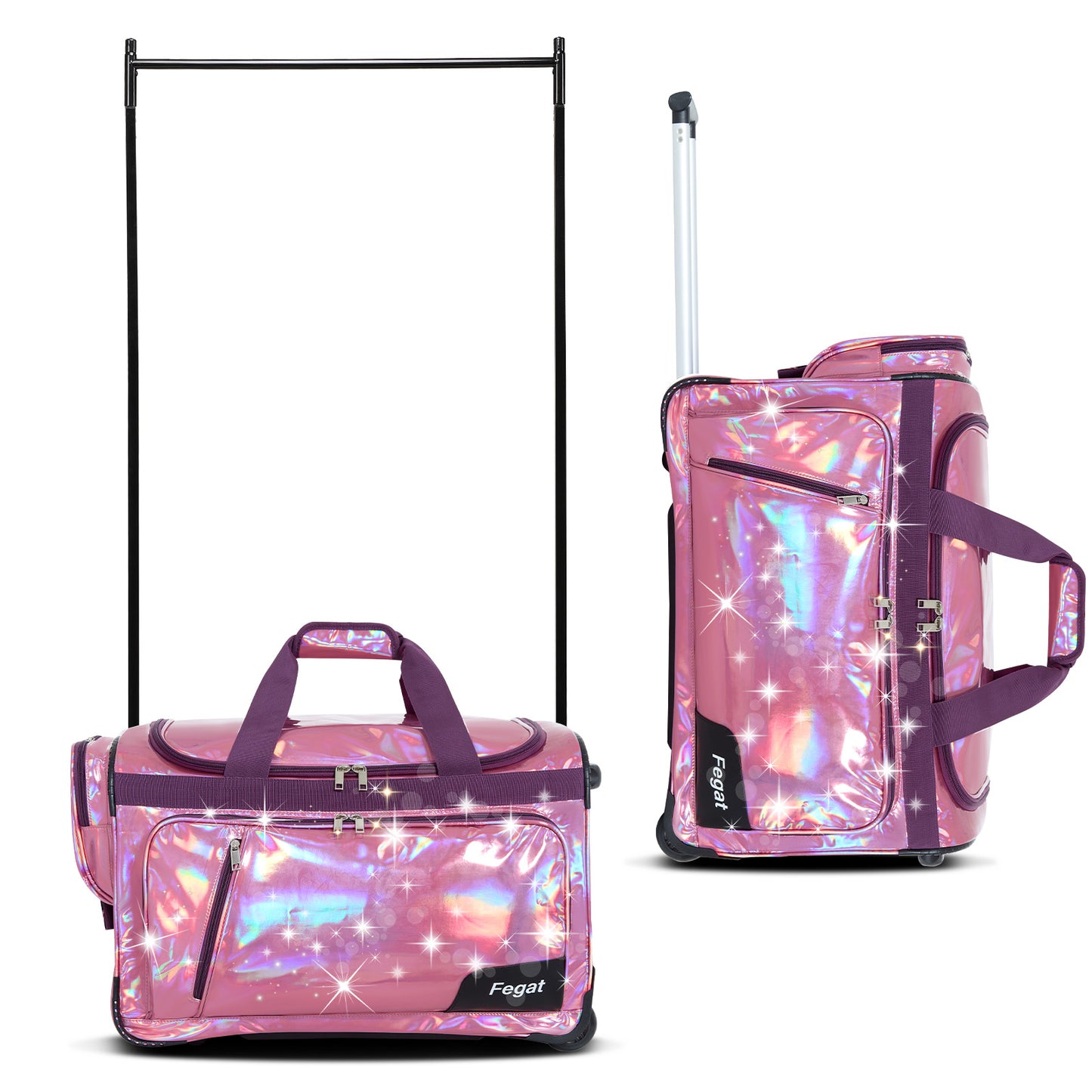 Fegat Dance Bag with Garment Rack, 23" Glittering Rolling Dance Competition Bag Prism-Glowing Waterproof Dance Duffel Bag Costume Suitcase for Dancers Performer Artist,Sparkle Purple