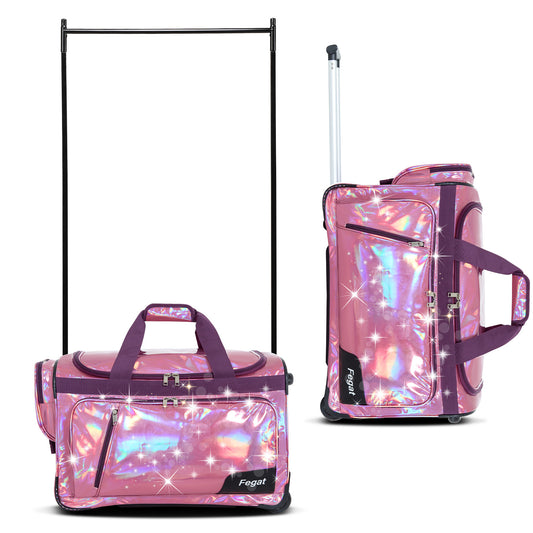 Fegat Dance Bag with Garment Rack, 23" Glittering Rolling Dance Competition Bag Prism-Glowing Waterproof Dance Duffel Bag Costume Suitcase for Dancers Performer Artist,Sparkle Purple