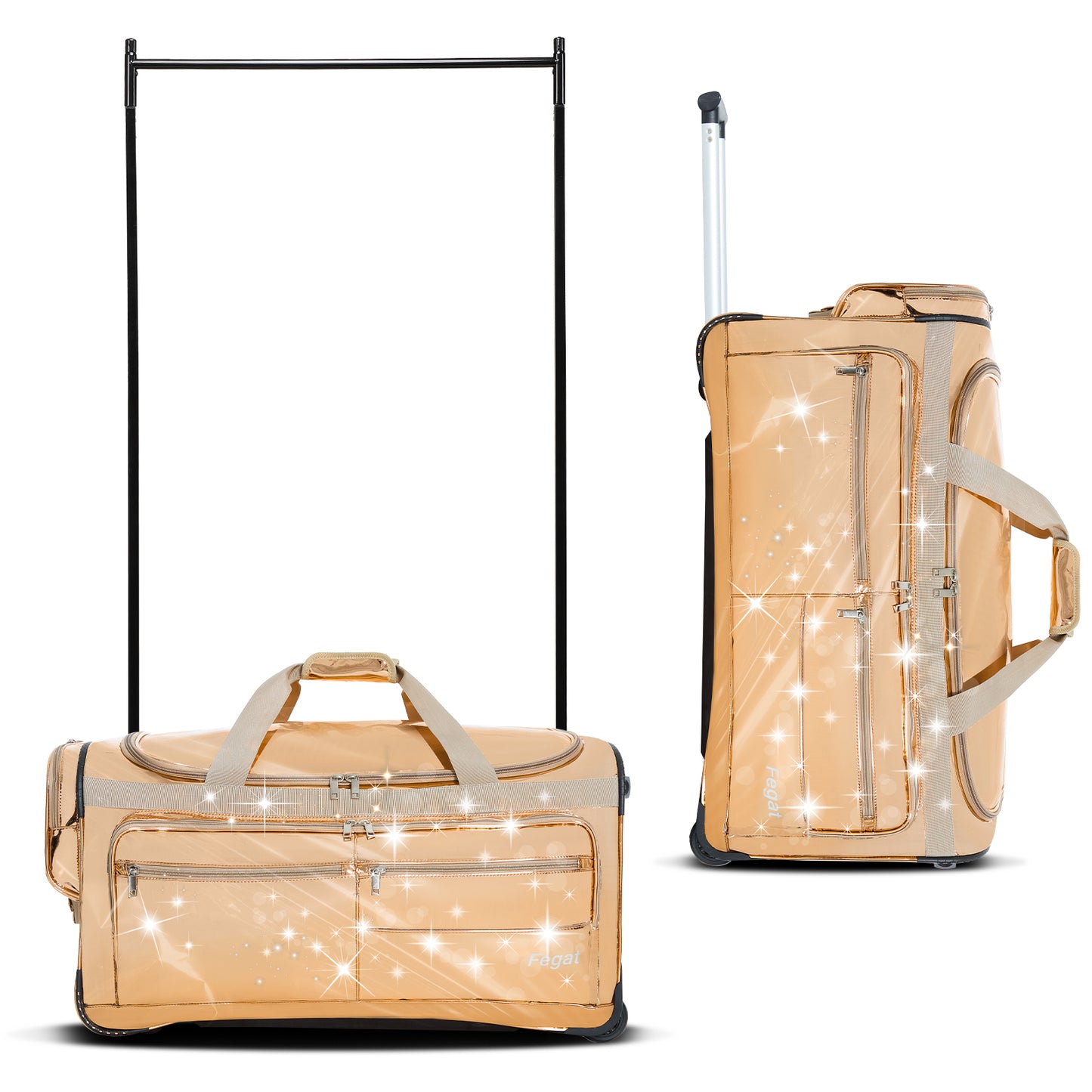 Fegat 28" Dance Bag with Garment Rack,Upgraded Glitter Rolling Competition Dance Duffel Bag Waterproof Costume Travel Bag Costume Suitcase for Dancer Performer Athletes,Gold