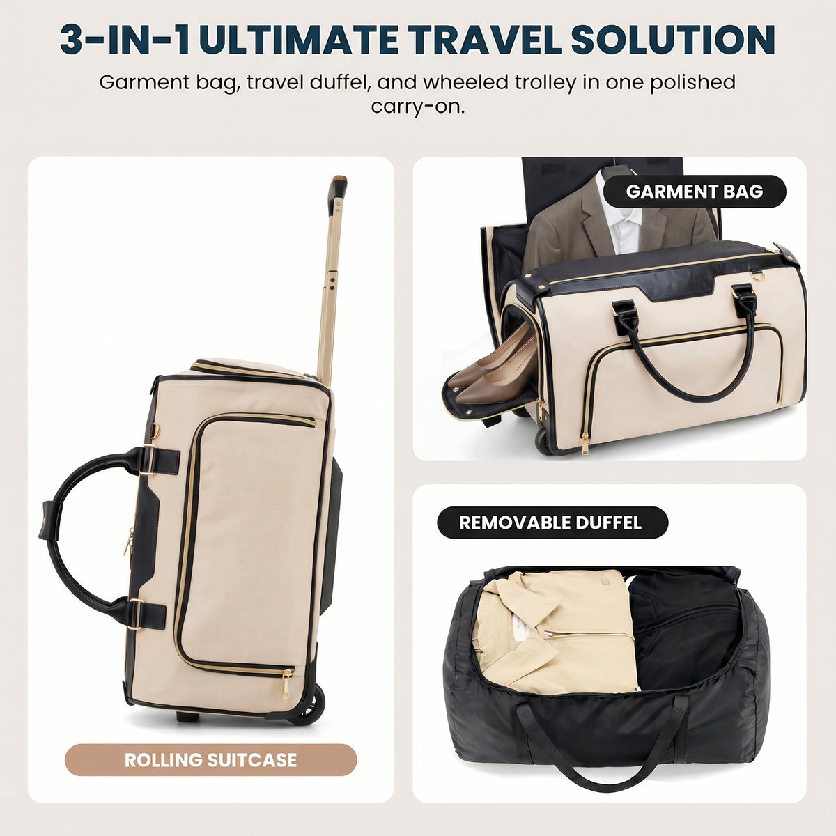 Rolling Garment Bag for Travel,3-in-1 Carry On Luggage with Wheels & Shoe Compartment,Detachable Bag,Large Suitcase Suit Business Duffle Bag,Organize for Suits, Dresses,Gowns