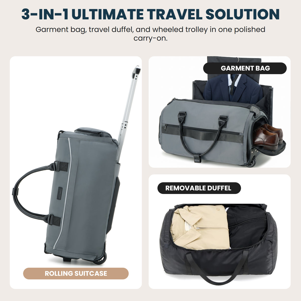3-in-1 Rolling Garment Bag for Travel,Carry On Suit Travel Bag with Wheels,Shoe Compartment,Detachable Organizer,Wrinkle-Free Duffel Bag for Business Travel Wedding