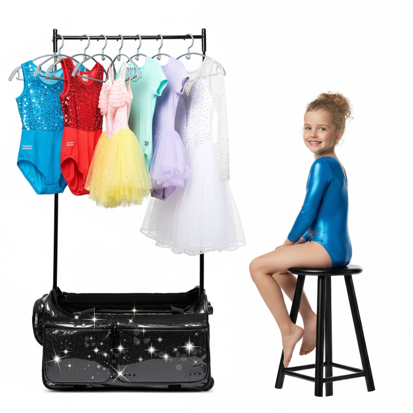 Fegat 28" Dance Bag with Garment Rack,Upgraded Collapsible Glittering Rolling Competition Dance Duffle Bag Lightweight Wear-Resistant Costume Wheeled Suitcase for Dancers Shows,Black