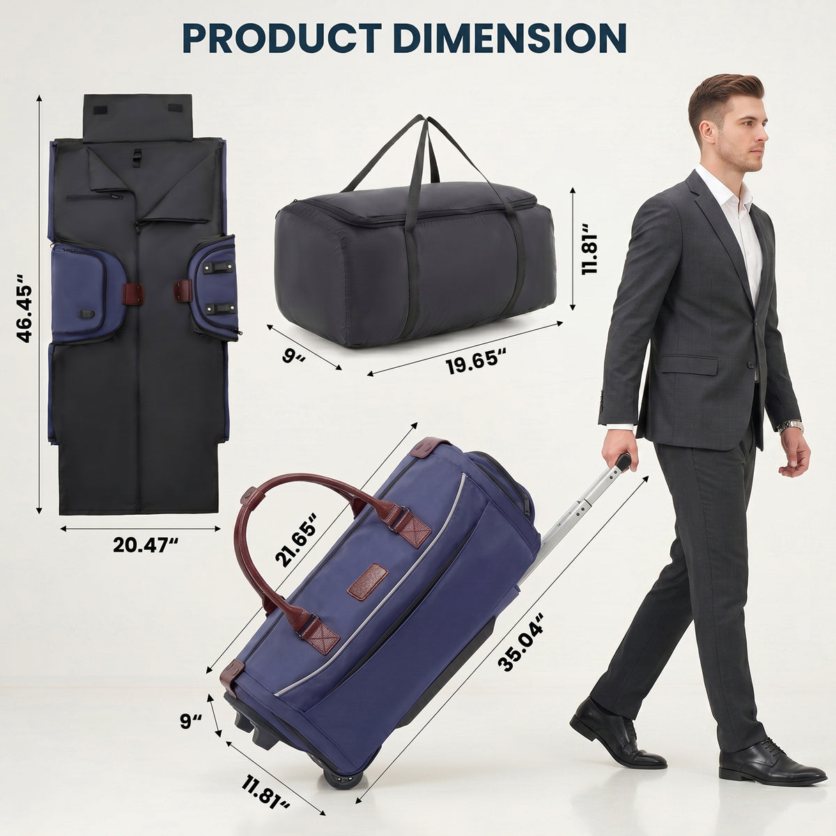 3-in-1 Rolling Garment Bag for Travel,Carry On Suit Travel Bag with Wheels,Shoe Compartment,Detachable Organizer,Wrinkle-Free Duffel Bag for Business Travel Wedding