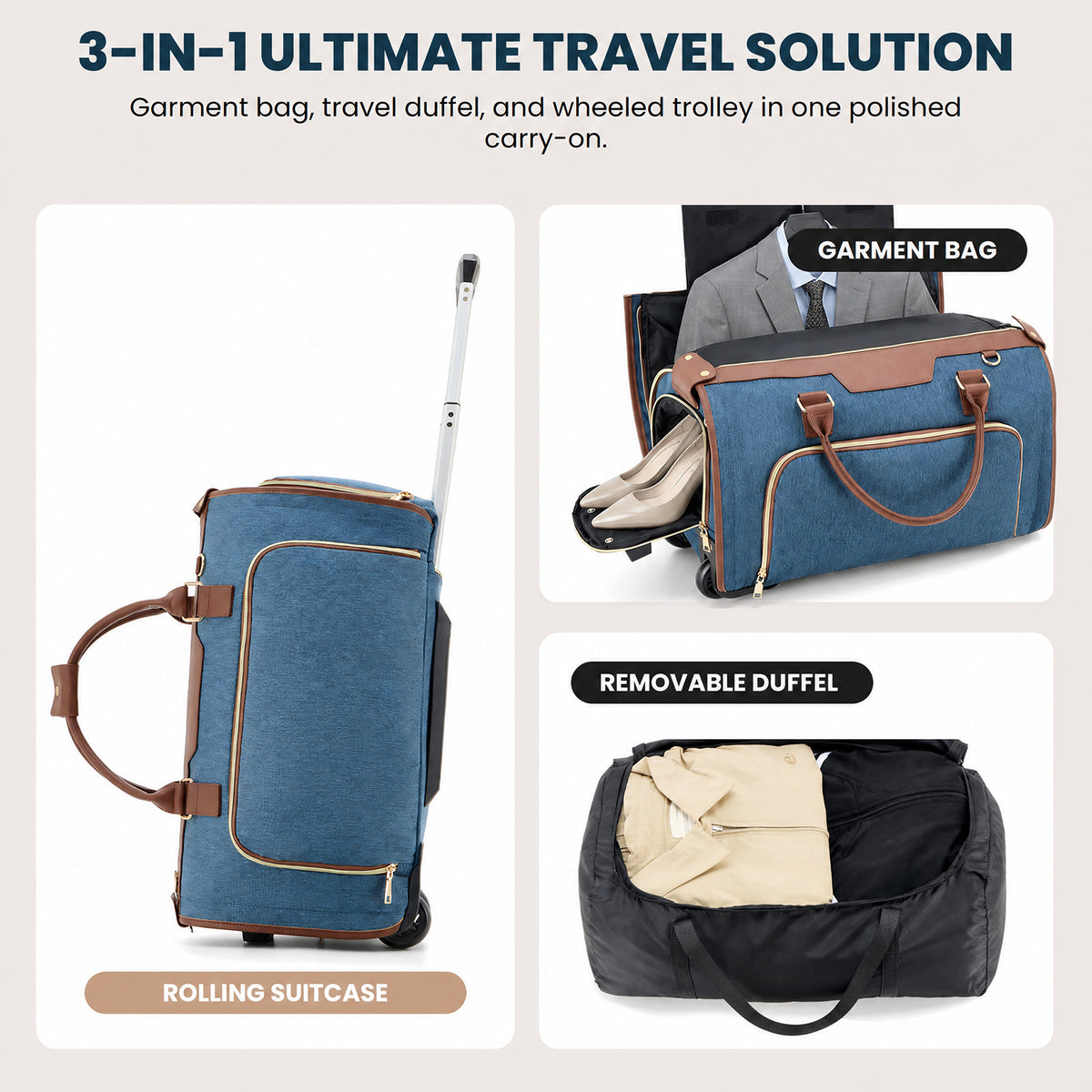Rolling Garment Bag for Travel,3-in-1 Carry On Luggage with Wheels & Shoe Compartment,Detachable Bag,Large Suitcase Suit Business Duffle Bag,Organize for Suits, Dresses,Gowns