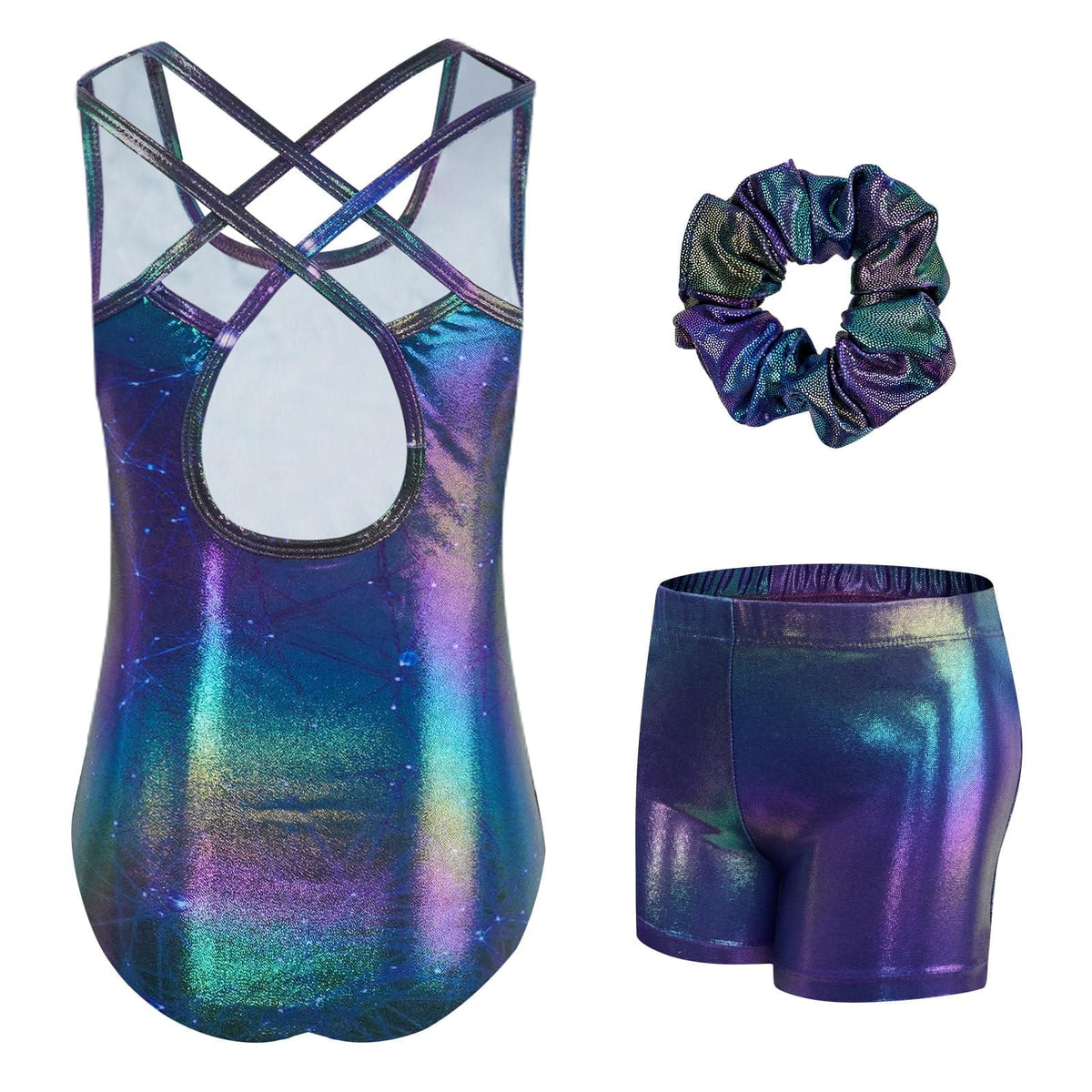 Gymnastics Leotards for Girls with Cross Back,Sparkly Dance Leotard Unitards with Shorts and Hair Band Biketards Outfit for 5-10 Years
