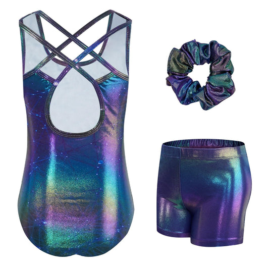 Gymnastics Leotards for Girls with Cross Back,Sparkly Dance Leotard Unitards with Shorts and Hair Band Biketards Outfit for 5-10 Years