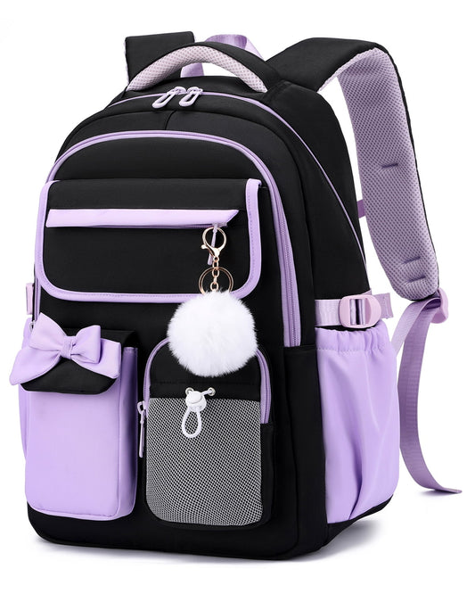 Girls School Backpack,Laptop Bookbag with Trolley Strap,Lightweight School Bag with Bow & Pom-Pom,Elementary Middle School Girls Backpack