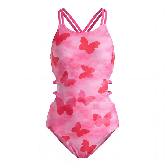 Girls One Piece Swimsuits Side waist hollowed-out design Girls Bathing Suits Size 5-12 Cute Butterfly Red