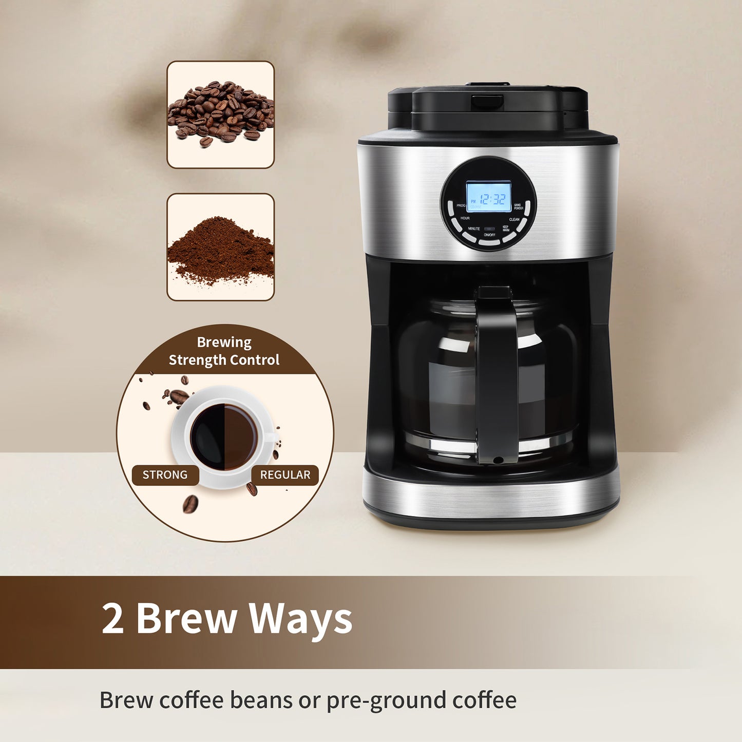 Kuhitley Coffee Maker with Grinder 12 Cups, Programmable Grind and Brew Coffee Machine with Warming Plate, Automatic Drip Coffee Pot with 60 oz Glass Carafe BPA Free, 950W, Black