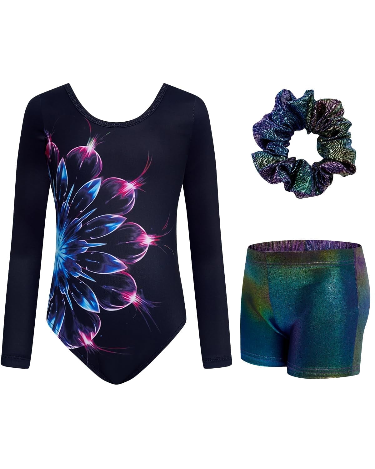 Gymnastics Leotards for Girls Cross Back,Long Sleeve Sparkly Dance Biketards with Shorts Ballet Outfit for 3-12 Years