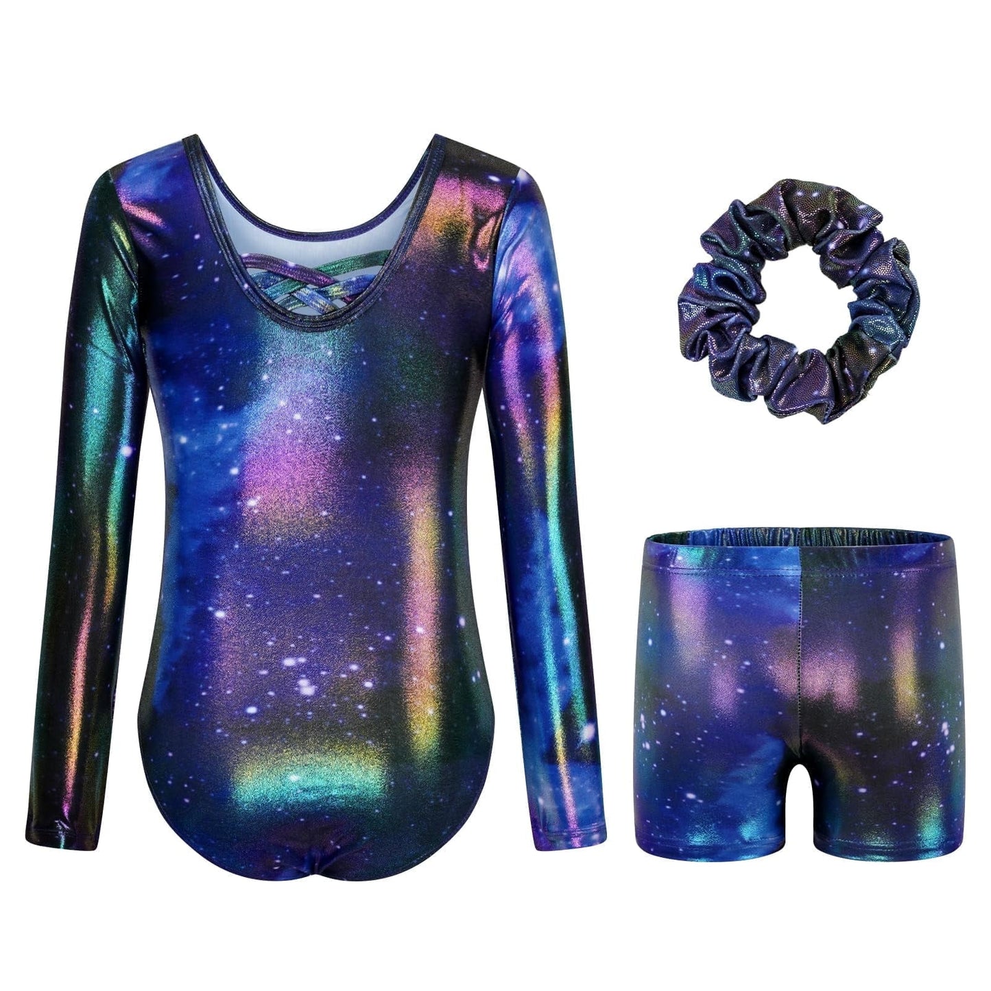 Gymnastics Leotards for Girls Cross Back,Long Sleeve Sparkly Dance Biketards with Shorts Ballet Outfit for 3-12 Years