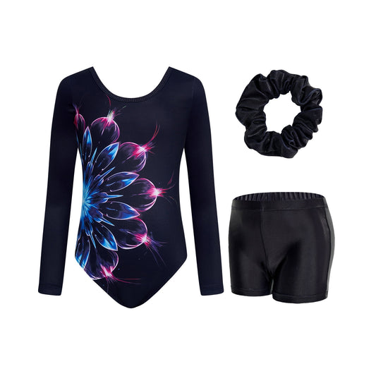 3 Pcs Set Girls Long Sleeve Leotard Criss Cross Dance Dress Ballet Outfits for Gymnastics