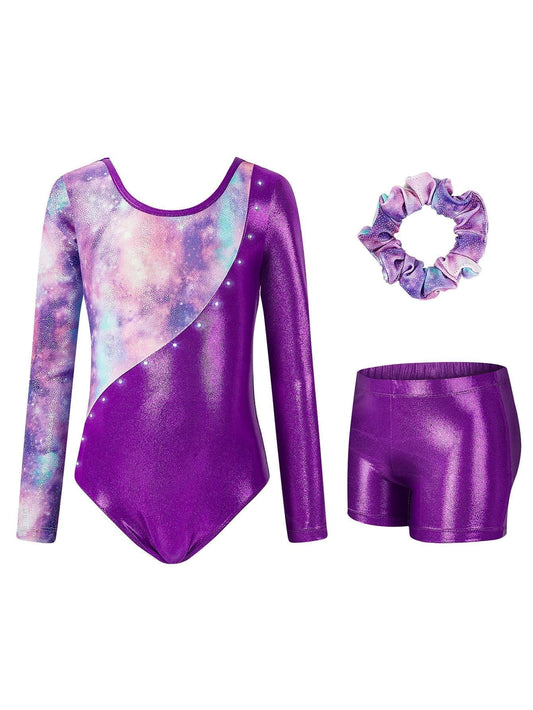 3 Pcs Set Girls Long Sleeve Shiny Metallic Gymnastics Leotards Bodysuit with Tights