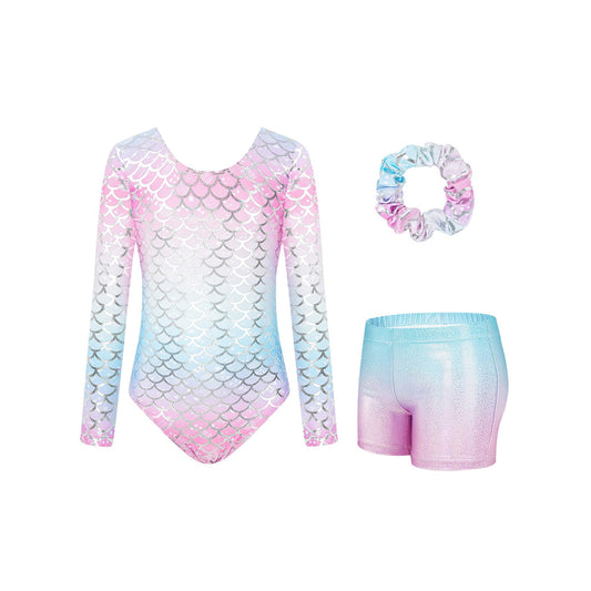 Girl Gymnastic Clothes 3PC Long Sleeve Sparkly with Shorts for Tumbling Outfits Dance Gymnastics Gifts for Girls Size 3-12 Fish Scale Pink