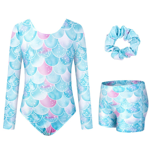 Toddler Gymnastics Leotard 3PC Long Sleeve Sparkly with Shorts for Tumbling Outfits Gymnastics Gifts for Girls Size 3-12 Green