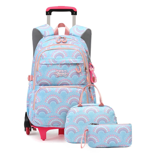 IvyH Rolling Backpack 3PCS Schoolbag Set with Lunch Bag Pen Case,Lightweight Waterproof Travel Bookbag
