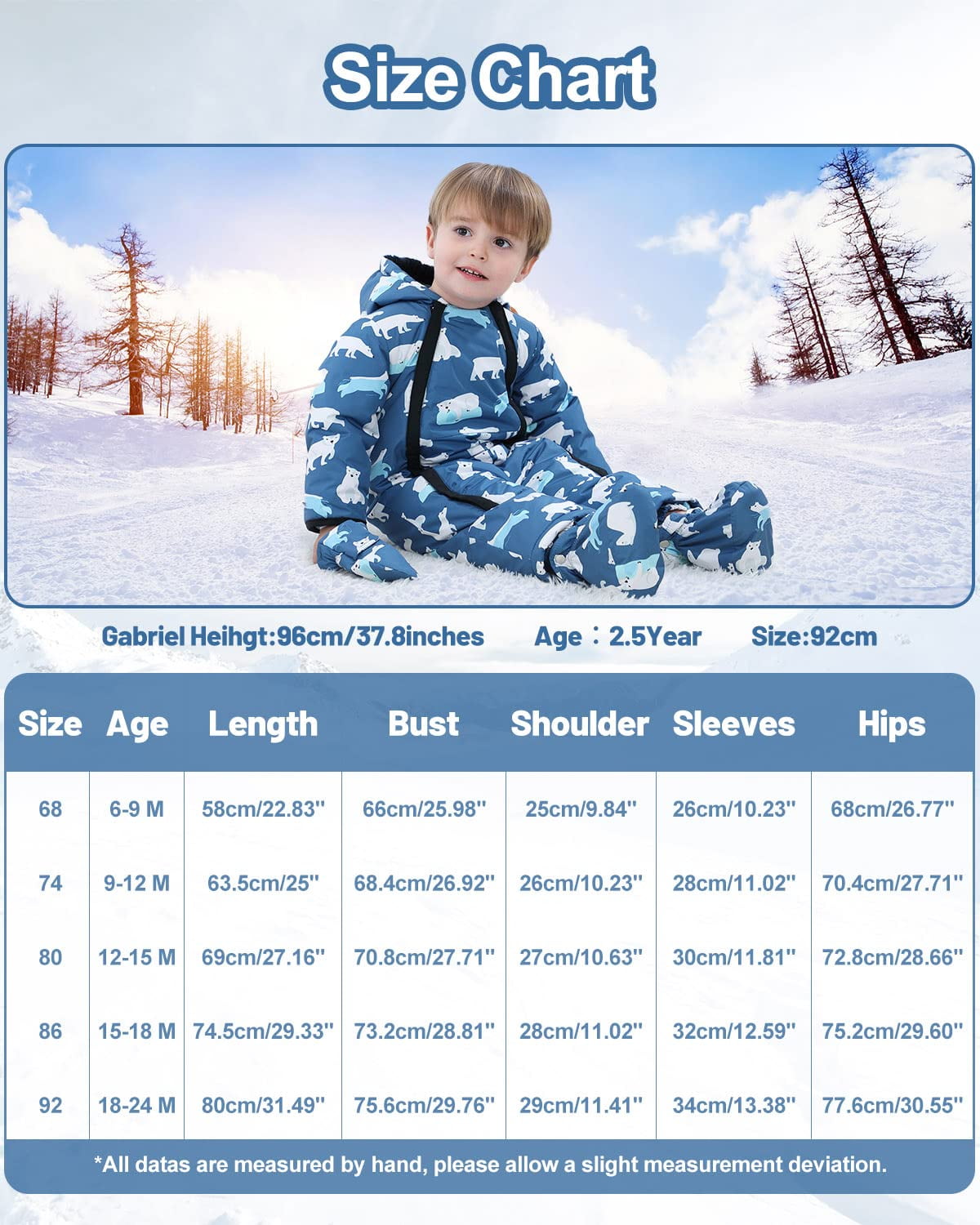 Baby Boys Girls Hooded Romper Winter Snowsuit with Gloves and Booties Warm Jumpsuit Outwear Clothes