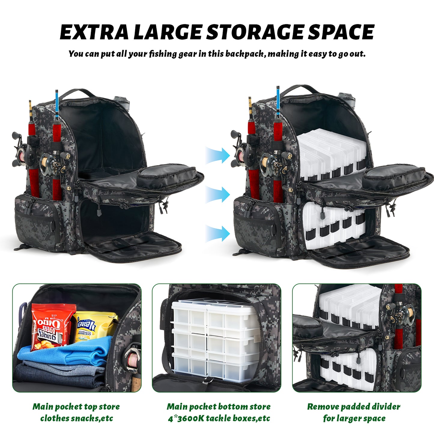 Fegat Rolling Fishing Tackle Backpack with Rod & Gear Holder, 48L Large Wheeled Storage Bag Tackle Boxes Organize Fishing Equipment for Camping,Hunting Gifts for Men Father, Black