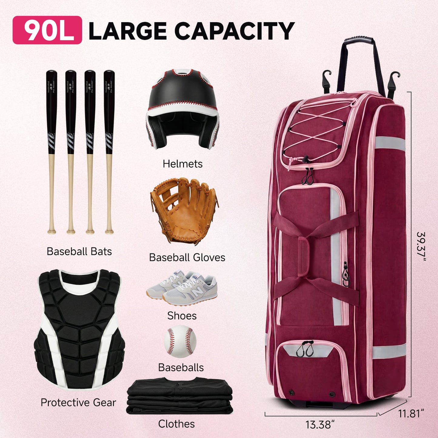Fegat Rolling Baseball Bag with Wheels,90L Large Softball Bag Catchers Gear Bags for 8 Bats,Equipment Bag with 5 Fence Hooks,Reflective Strip,Shoe Compartment,Holds All Softball Baseball Equipment