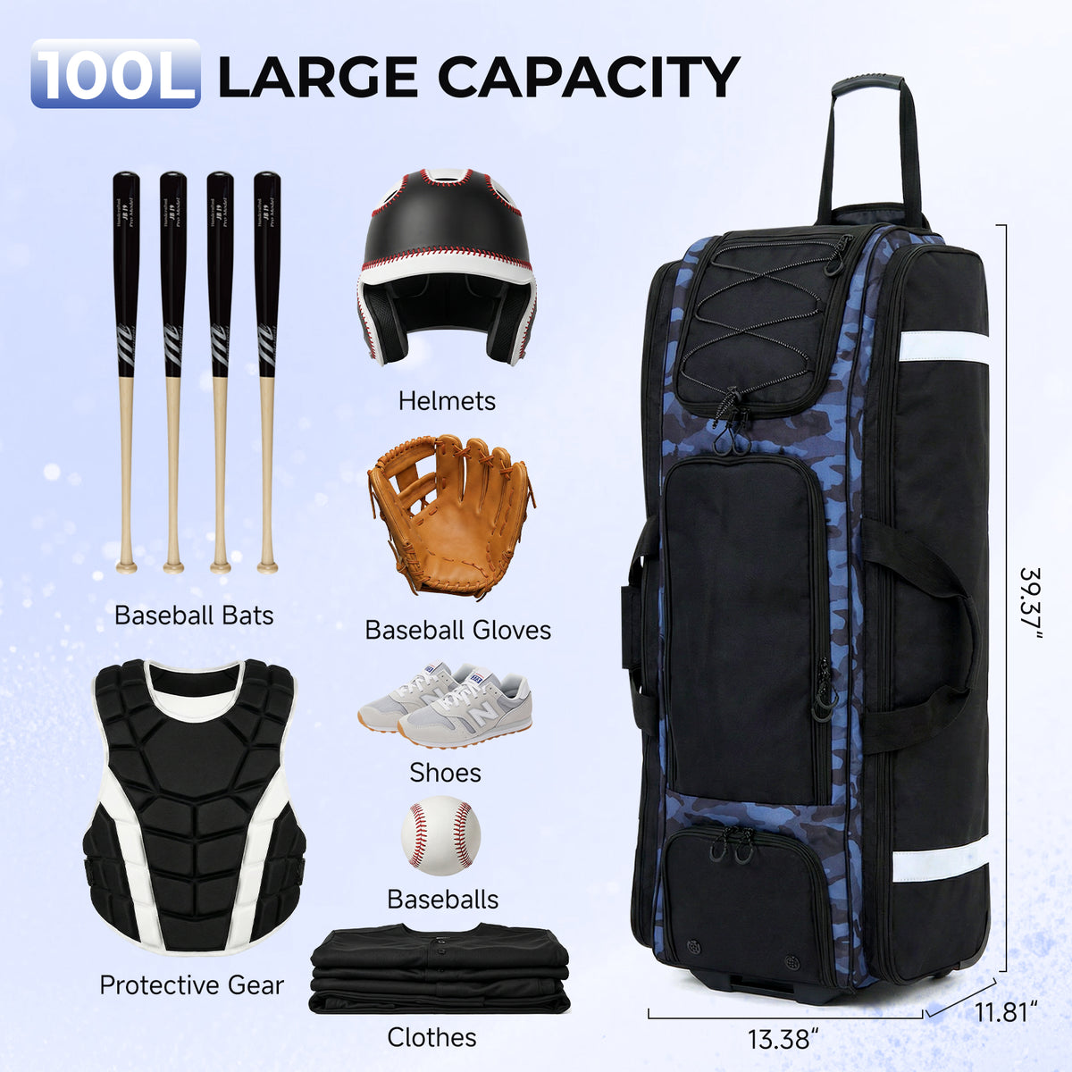 Fegat Rolling Baseball Bag with Wheels,100L Large Softball Bag Catchers Gear Bags for 8 Bats,Equipment Bag with 5 Fence Hooks,Reflective Strip,Shoe Compartment,Holds All Softball Baseball Equipment