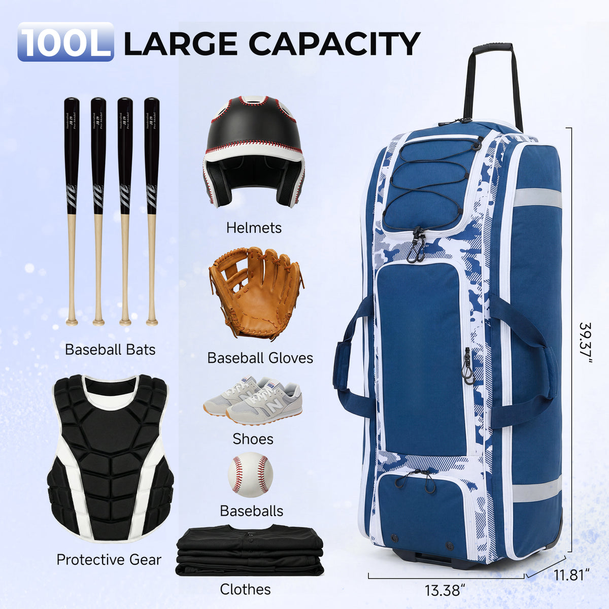Fegat Rolling Baseball Bag with Wheels,100L Large Softball Bag Catchers Gear Bags for 8 Bats,Equipment Bag with 5 Fence Hooks,Reflective Strip,Shoe Compartment,Holds All Softball Baseball Equipment