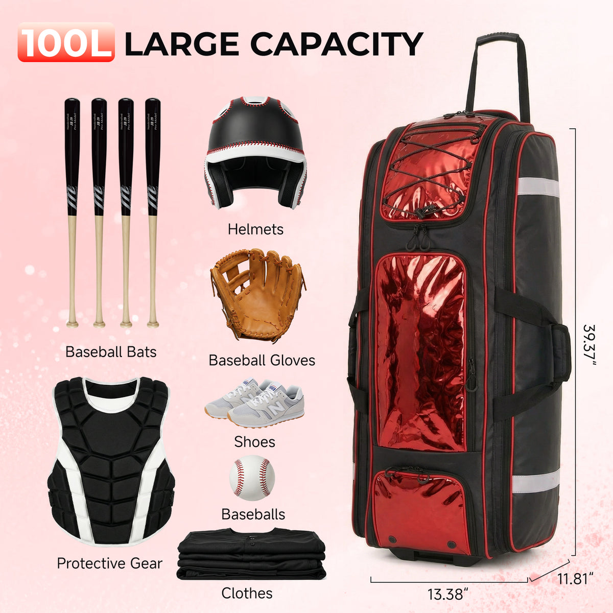 Fegat 100L Rolling Baseball Bag, Newly Catchers Gear Bag for Baseball Softball, Portable Waterproof Equipment Bag Holds 8 Bats, Stand-Up Base, Reflective Strip, Fence Hooks