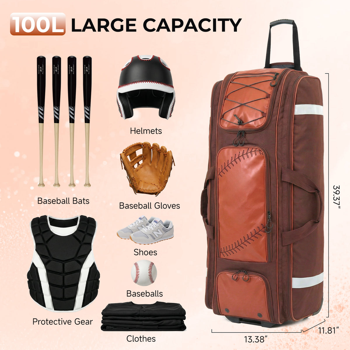 Fegat Rolling Baseball Bag with Wheels,100L Large Softball Bag Catchers Gear Bags for 8 Bats,Equipment Bag with 5 Fence Hooks,Reflective Strip,Shoe Compartment,Holds All Softball Baseball Equipment