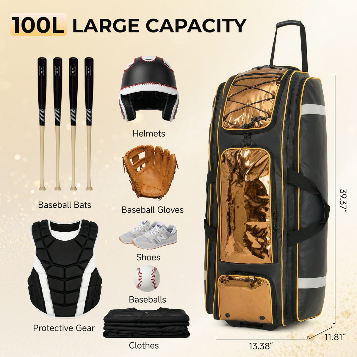 Fegat 100L Rolling Baseball Bag, Newly Catchers Gear Bag for Baseball Softball, Portable Waterproof Equipment Bag Holds 8 Bats, Stand-Up Base, Reflective Strip, Fence Hooks