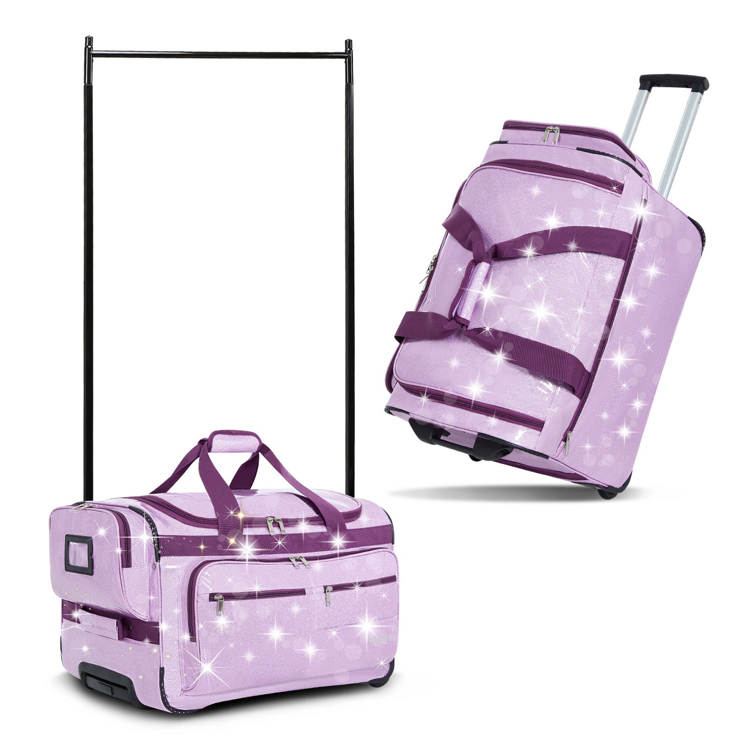 Fegat Dance Bag with Garment Rack,23"Glitter Bright Rolling Dance Duffel Bag Lightweight Competition Bag Costume Suitcase for Dancers Performer Artist, Shine Glitter Purple