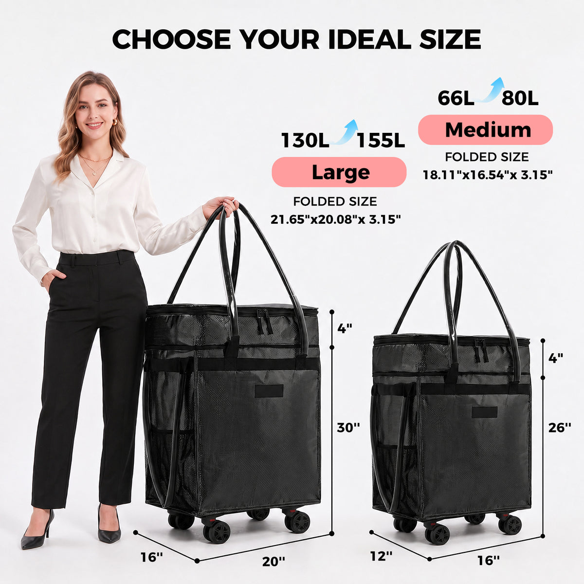 Fegat Reusable Grocery Bag on Wheels,Rolling Tote,Foldable Shopping Bags with Wheels and Handle for Trips, Moving, Laundry, Kitchen