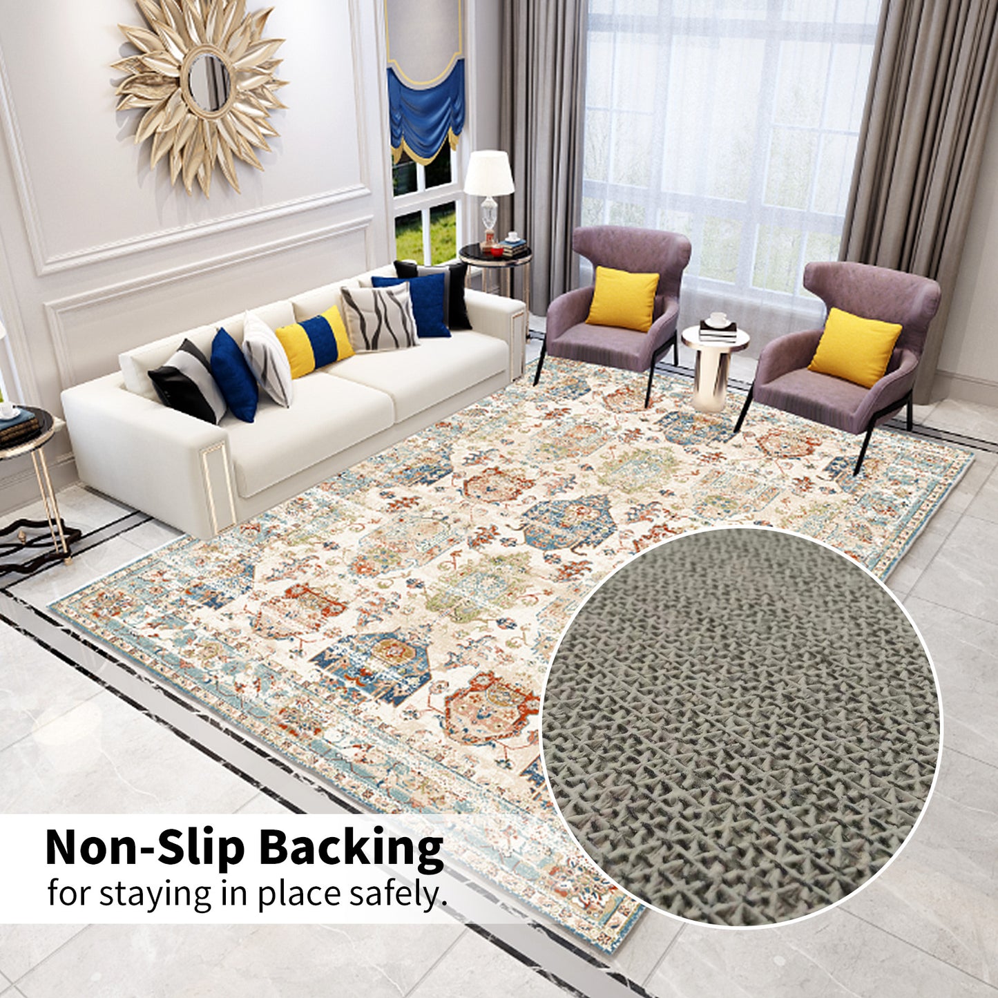 OldPAPA Boho Persian Area Rug - 3'x5' Washable Rugs for Living Room,Machine Washable Rug with Non-Slip,Small Rug Vintage Accent Low Pile Rug for Entryway Bedroom Bathroom Dining Door Mat