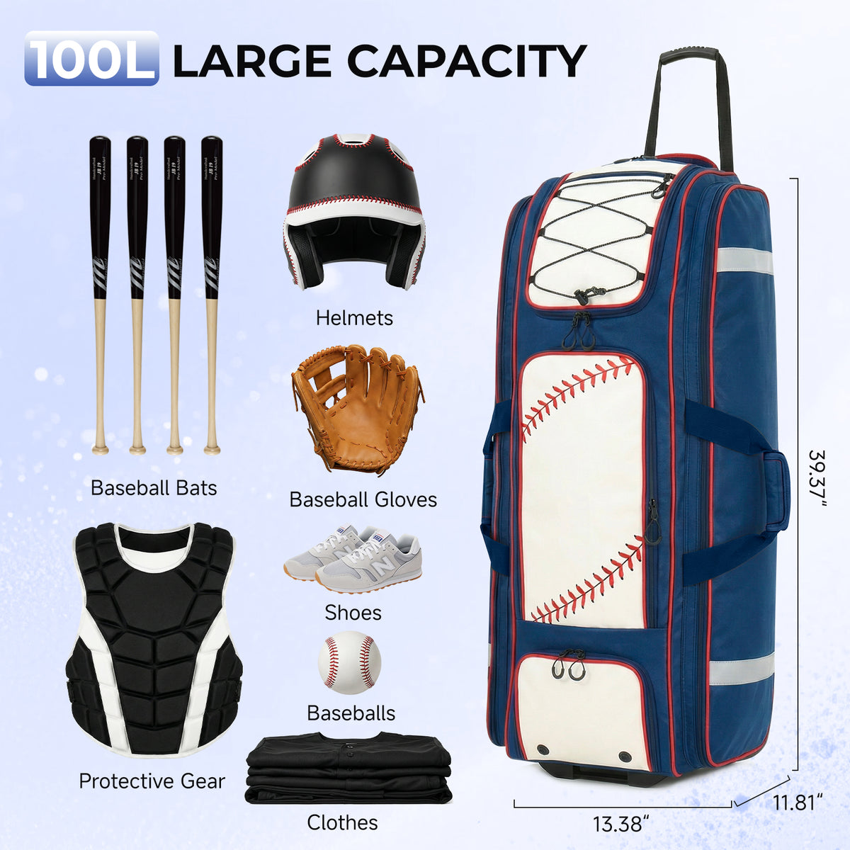 Fegat Rolling Baseball Bag with Wheels,100L Large Softball Bag Catchers Gear Bags for 8 Bats,Equipment Bag with 5 Fence Hooks,Reflective Strip,Shoe Compartment,Holds All Softball Baseball Equipment