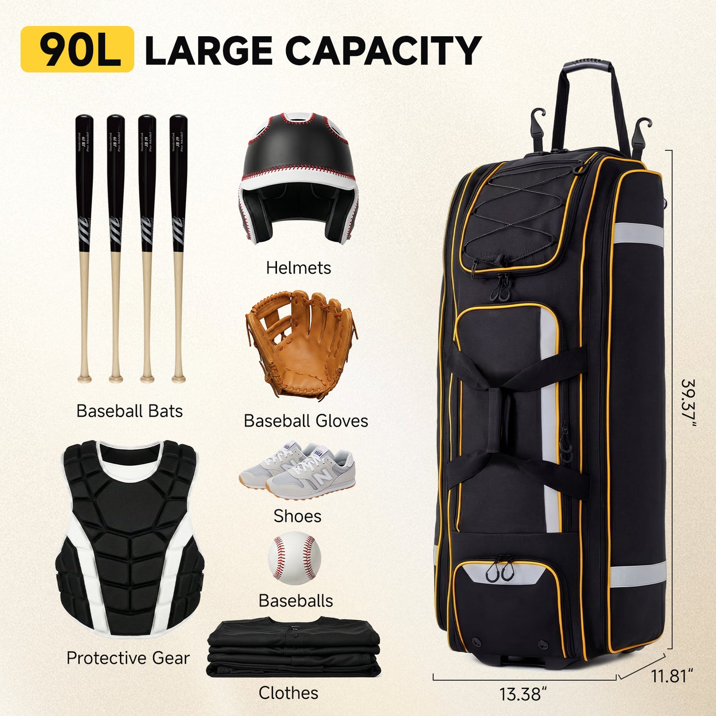 Fegat Rolling Baseball Bag with Wheels,90L Large Softball Bag Catchers Gear Bags for 8 Bats,Equipment Bag with 5 Fence Hooks,Reflective Strip,Shoe Compartment,Holds All Softball Baseball Equipment