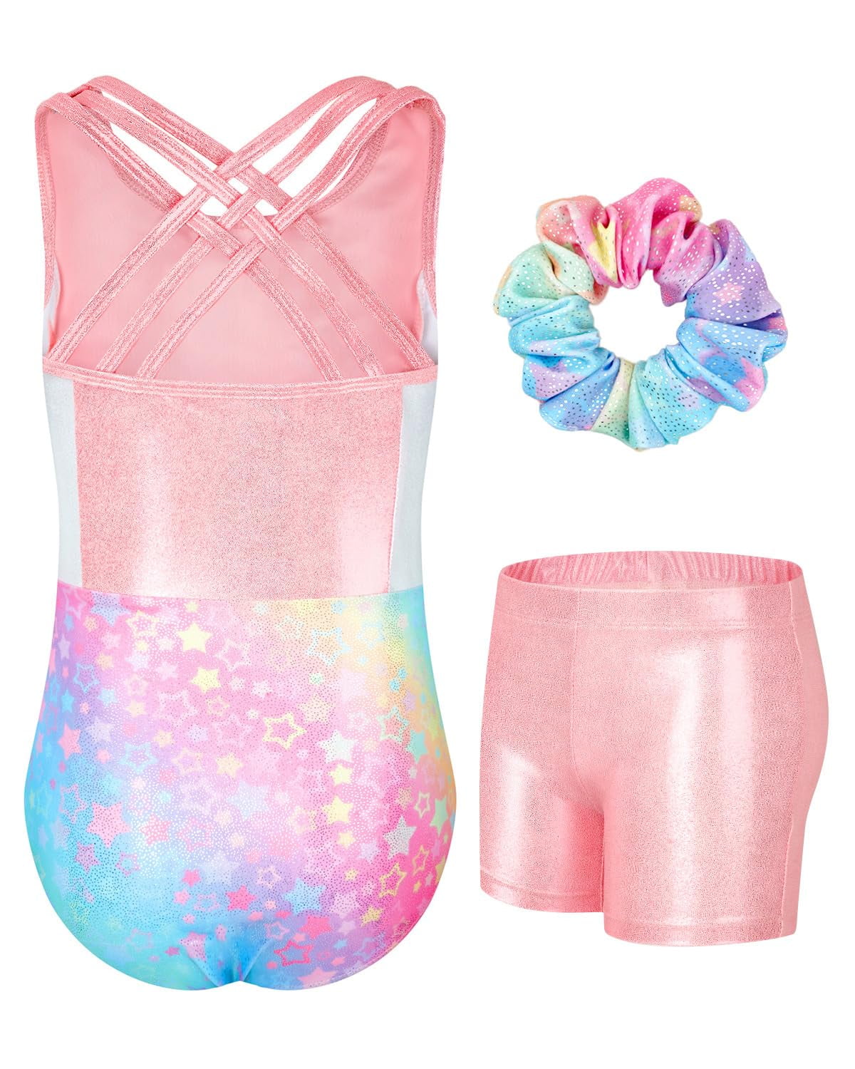 Gymnastics Leotards for Girls with Cross Back,Sparkly Dance Leotard Unitards with Shorts and Hair Band Biketards Outfit for 5-10 Years