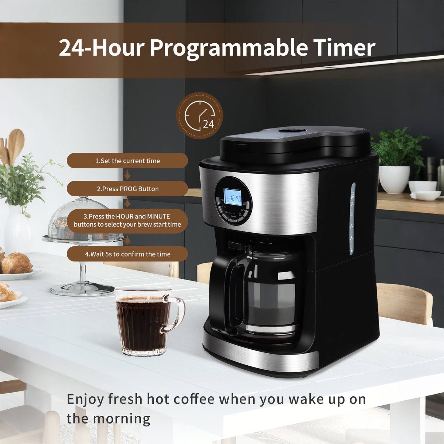 Kuhitley Coffee Maker with Grinder 12 Cups, Programmable Grind and Brew Coffee Machine with Warming Plate, Automatic Drip Coffee Pot with 60 oz Glass Carafe BPA Free, 950W, Black