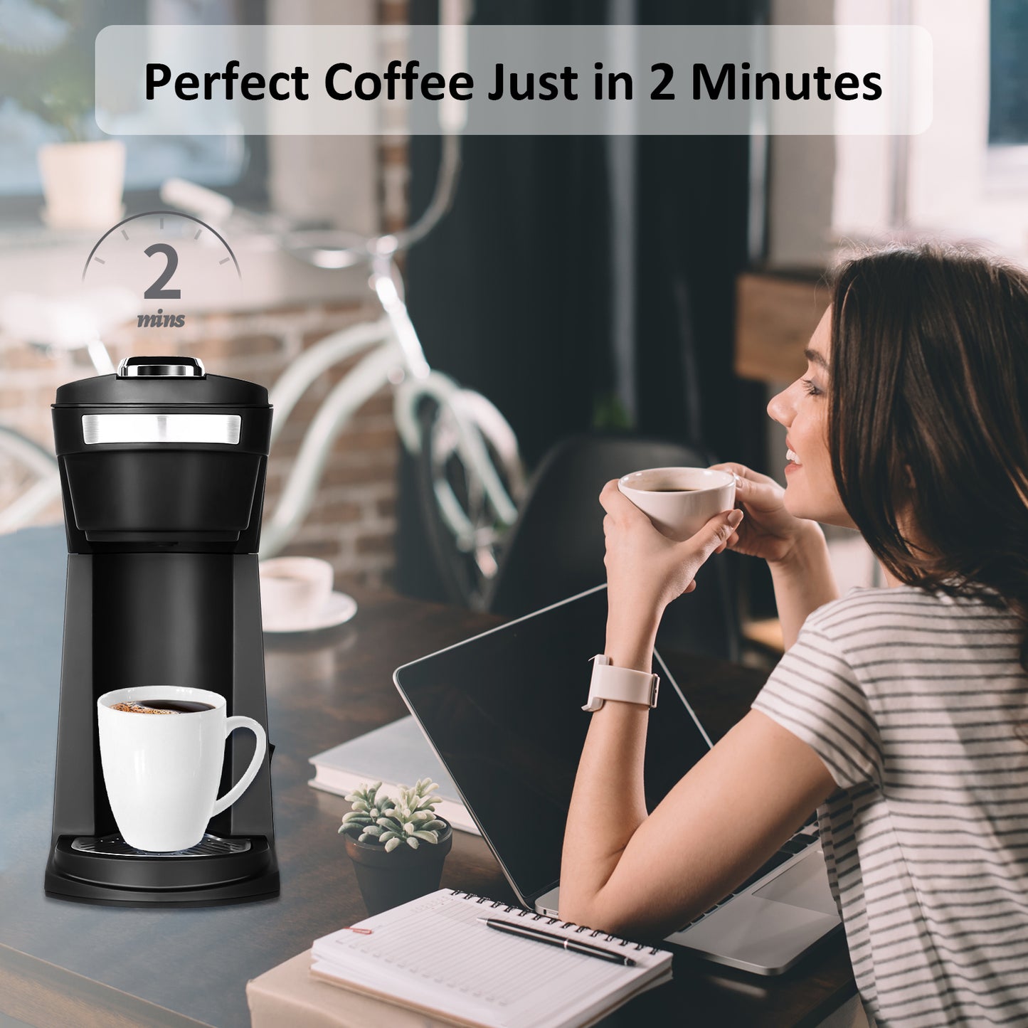 2 in 1 Single Serve Coffee Maker for K Cup Pods & Ground Coffee, Mini K Cup Coffee Machine with 6 to 14 oz Brew Sizes, Single Cup Coffee Brewer with One-Press Fast Brewing, Reusable Filters