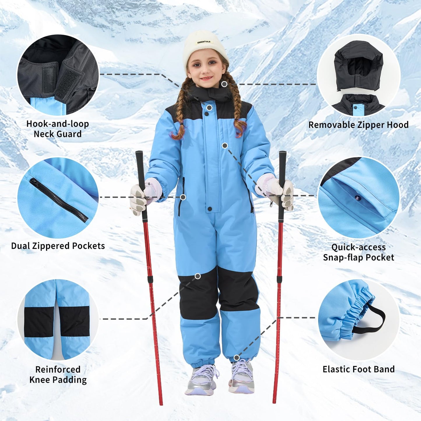 Kids Toddler Snow Suit One Piece for Boys Girls Lightweight Insulated Ski Suit Windproof Hooded Snowsuit Baby Jumpsuit