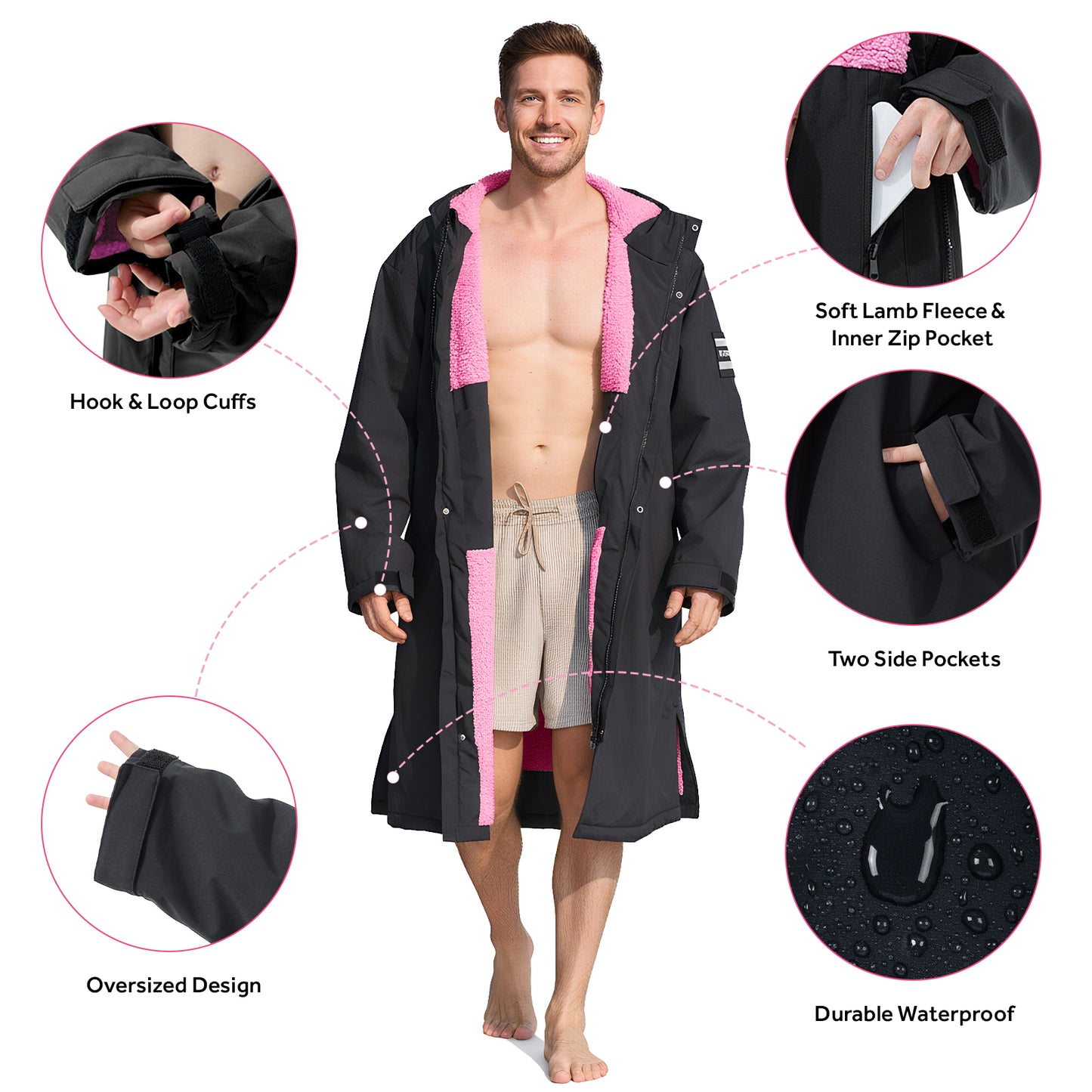 Lobmouse Unisex Swim Parka,Sherpa Fleece Lined Warm Coat,Windproof Waterproof Quick-dry Hooded Swim Jacket,Oversize Surf Poncho Changing Robe Parka for Adult & Kids