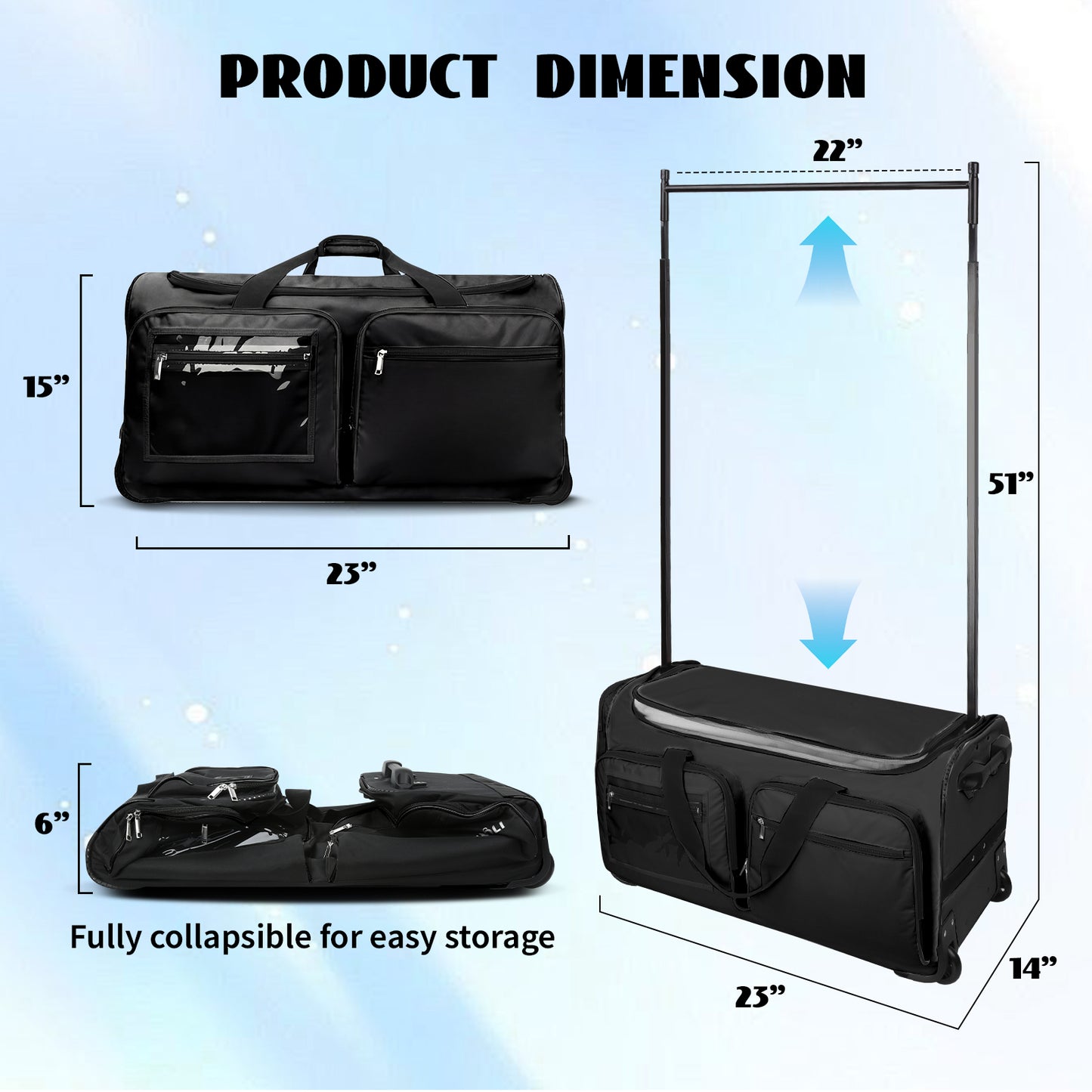 Fegat New Upgraded Dance Bag with Garment Rack,23" Lightweight Rolling Dance Duffel Bag Stable System Wheeled Costume Dance Bag for Dancers Shows Livestreamer Athletes