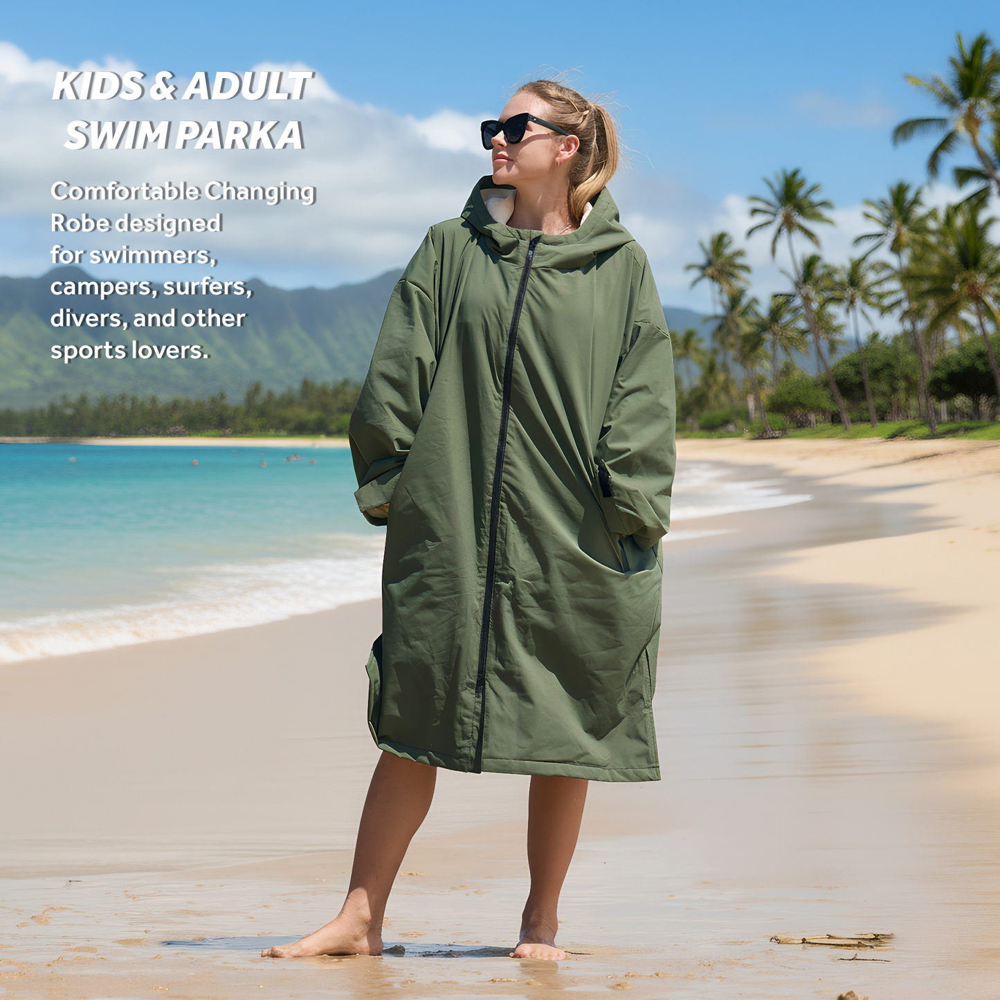 Lobmouse Swim Parka for Adult and Kids,Unisex Fleece Lined Hooded Swim Jacket,Waterproof Windproof Versatile Warm Coat Oversized Bat Wing Changing Poncho for Surfing Swimming