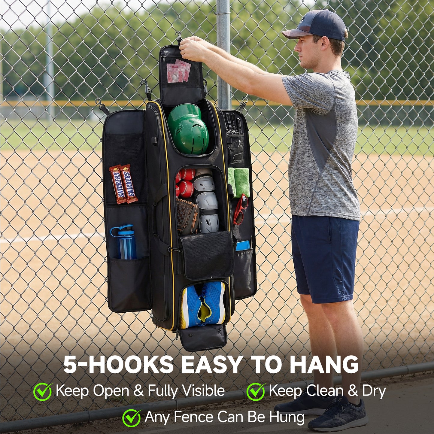 Fegat Rolling Baseball Bag with Wheels,90L Large Softball Bag Catchers Gear Bags for 8 Bats,Equipment Bag with 5 Fence Hooks,Reflective Strip,Shoe Compartment,Holds All Softball Baseball Equipment