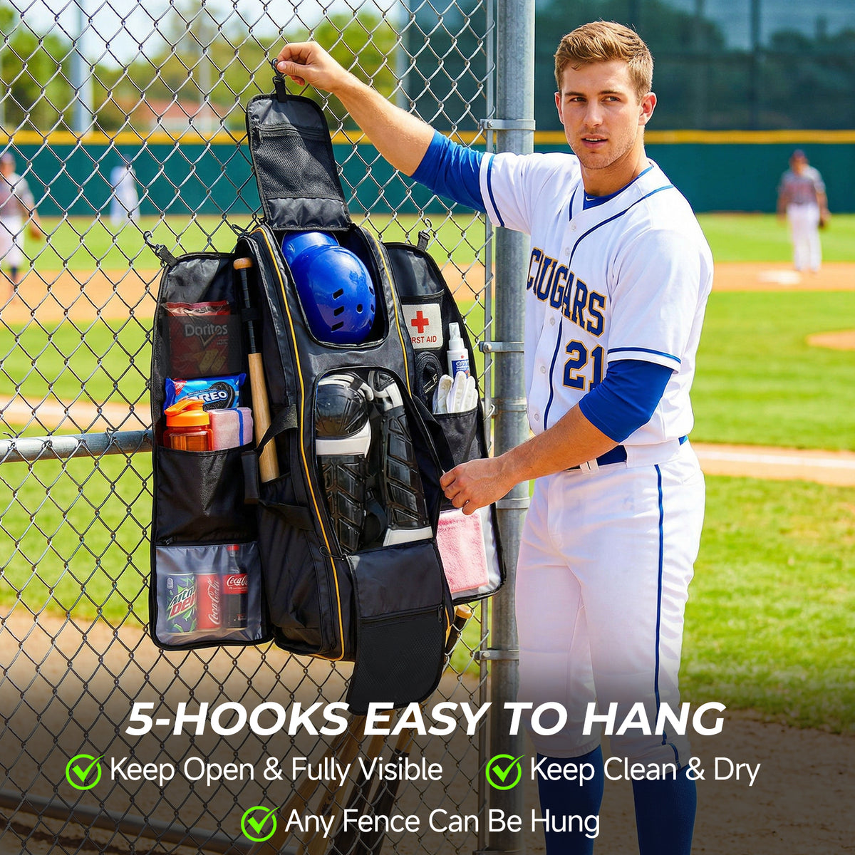 Fegat 100L Rolling Baseball Bag, Newly Catchers Gear Bag for Baseball Softball, Portable Waterproof Equipment Bag Holds 8 Bats, Stand-Up Base, Reflective Strip, Fence Hooks