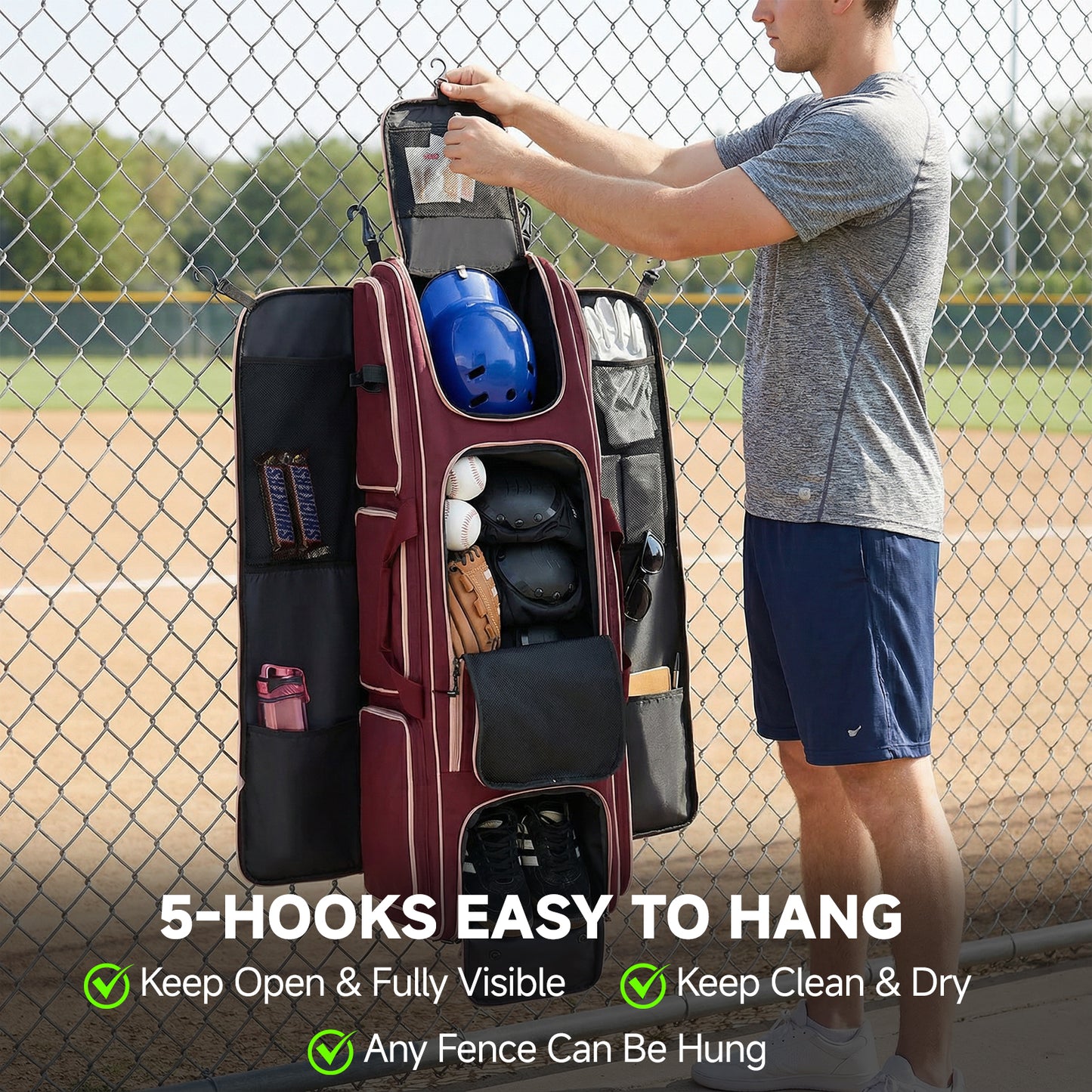 Fegat Rolling Baseball Bag with Wheels,90L Large Softball Bag Catchers Gear Bags for 8 Bats,Equipment Bag with 5 Fence Hooks,Reflective Strip,Shoe Compartment,Holds All Softball Baseball Equipment