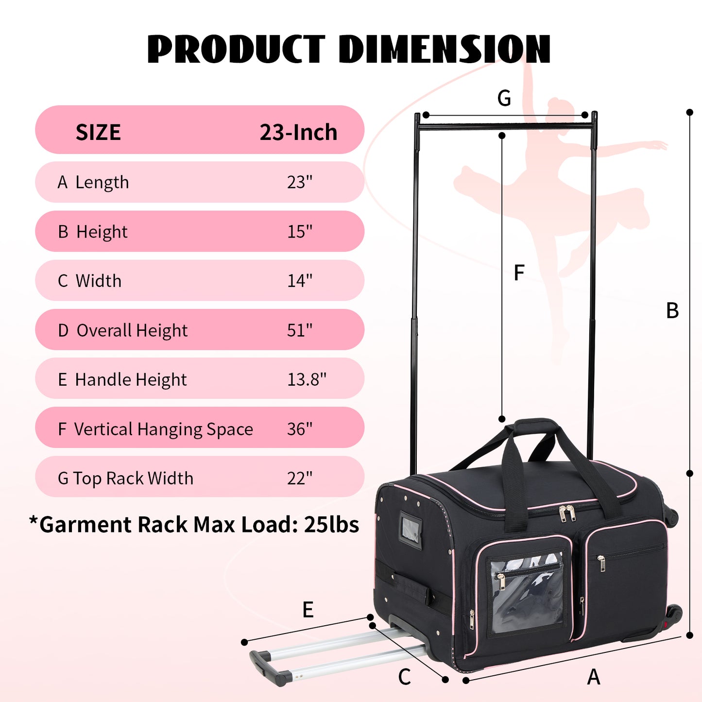Fegat Dance Bag with Garment Rack,23" Newly Upgraded Rolling Dance Bag With 360° Detachable Wheels,Large Travel Dance Duffle Bag for Dancers Shows Livestreamer Athletes